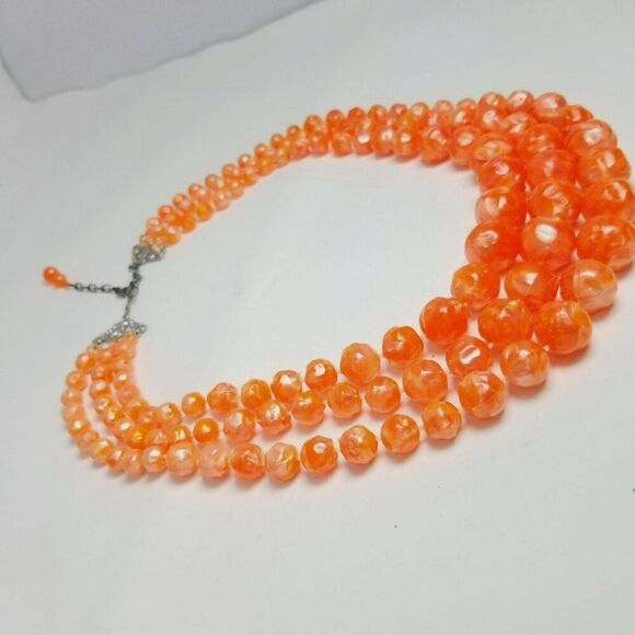 Vintage Bright Orange Three Strand Graduated Size Beaded Necklace, Adjustable - Picture 3 of 8